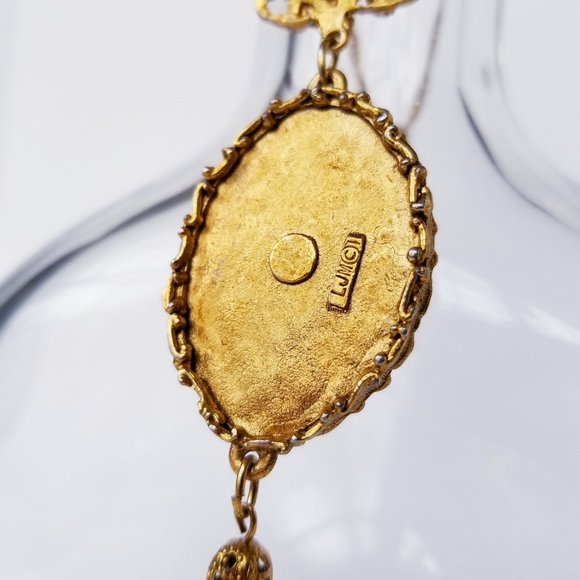 VTG LJM Emerald Green & Gold Enamel Necklace | Tassel Pendant | Mid-Century Glam - Picture 10 of 11